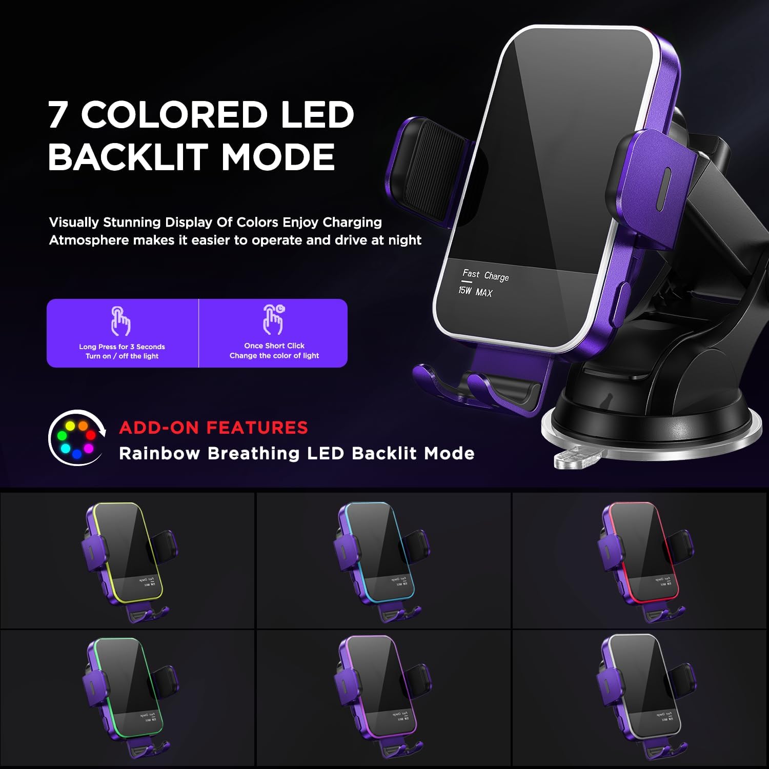 Wireless Car Charger,【7 Colored RGB Backlit】15W Auto Clamping Car Charger Phone Mount Holder for iPhone 16 15 14 13 12 Mini Pro Max 11, Samsung Galaxy S24 Ultra S23 S22 S21  S10  Note 20, etc - Purple